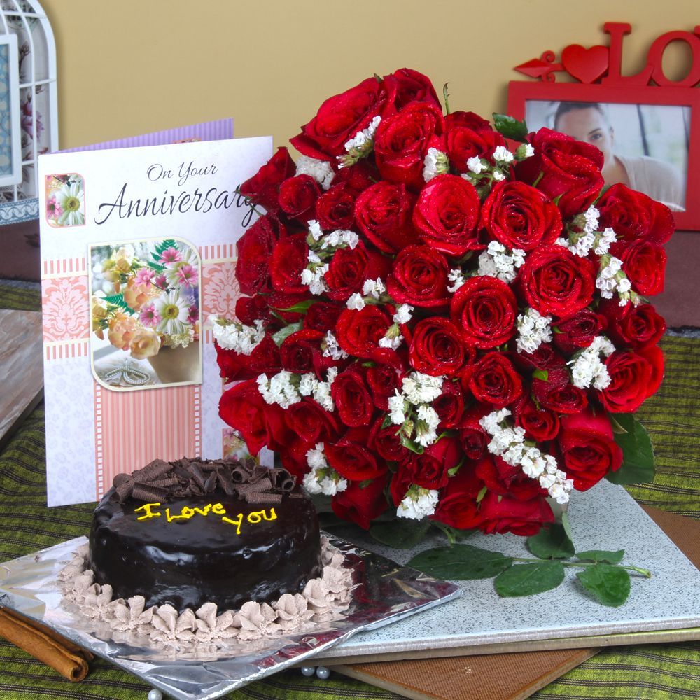 Half Kg Chocolate Cake and Fifty Red Roses with Anniversary Greeting Card