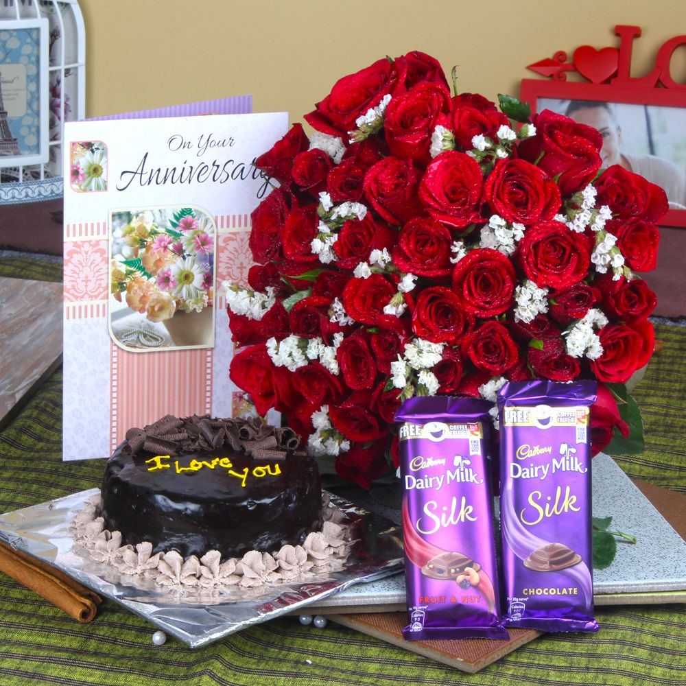 Fifty Red Roses Bouquet and Anniversary Cake with Chocolates