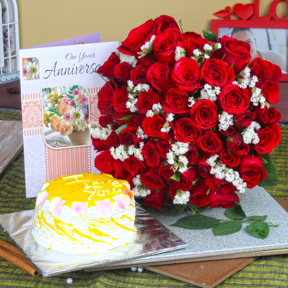 Anniversary Red Roses Bouquet and Pineapple Cake with Greeting Card
