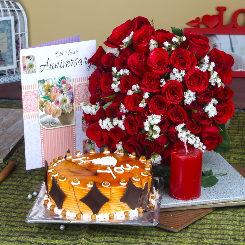 Anniversary Half Kg Butterscotch cake and Red Roses Bouquet with Candle