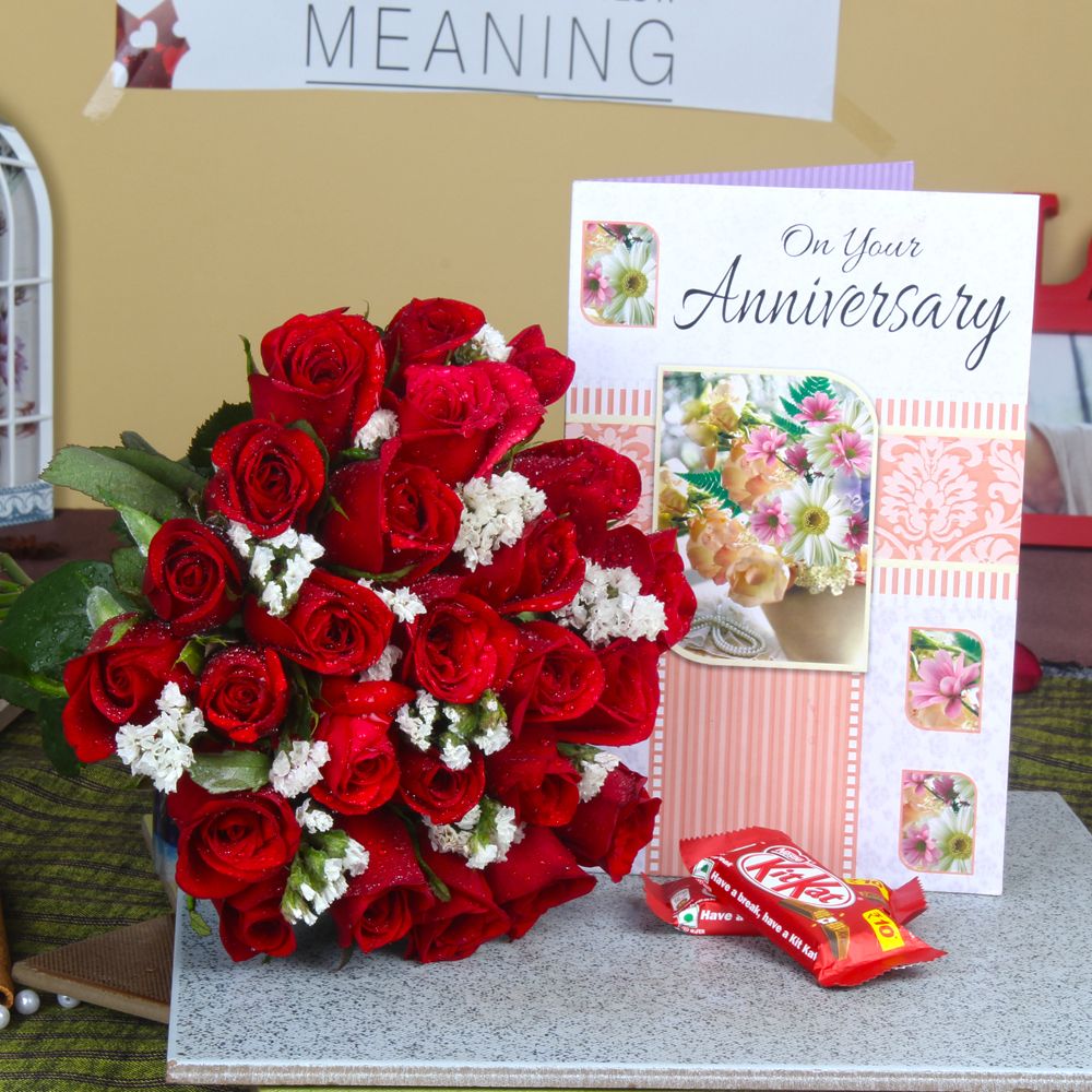 Red Roses Bouquet and Anniversary Greeting Card with Kit Kat Chocolate