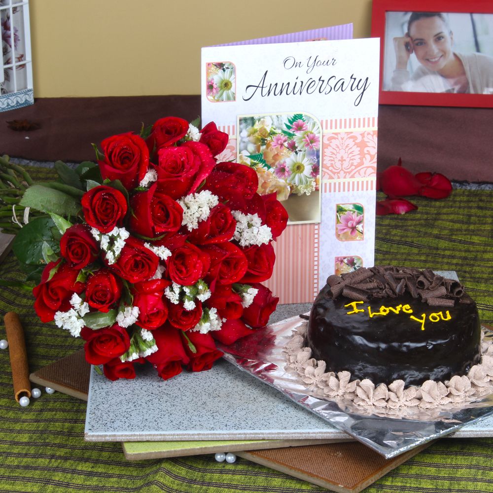 Anniversary Greeting Card with Red Roses Bunch and Chocolate Cake