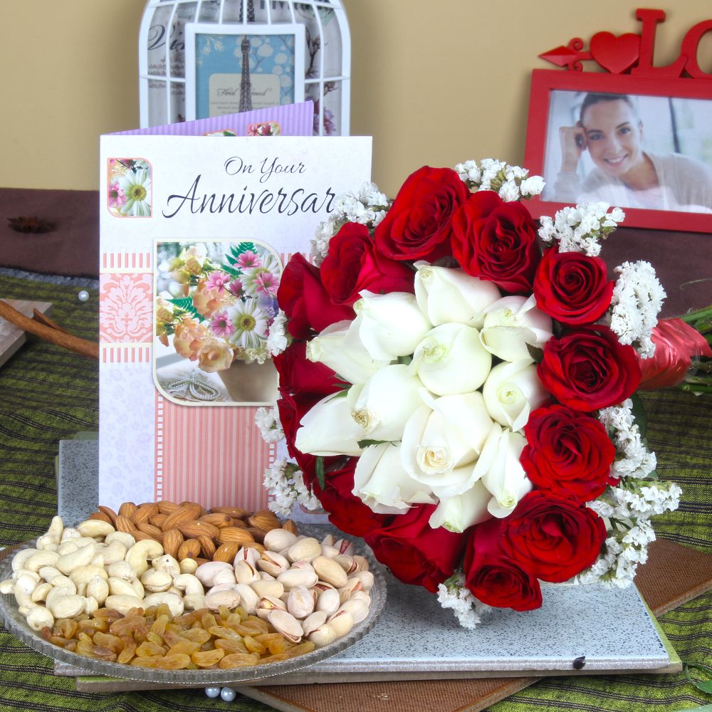 Anniversary Mix Roses Bouquet with Assorted Dry Fruit and Greeting Card