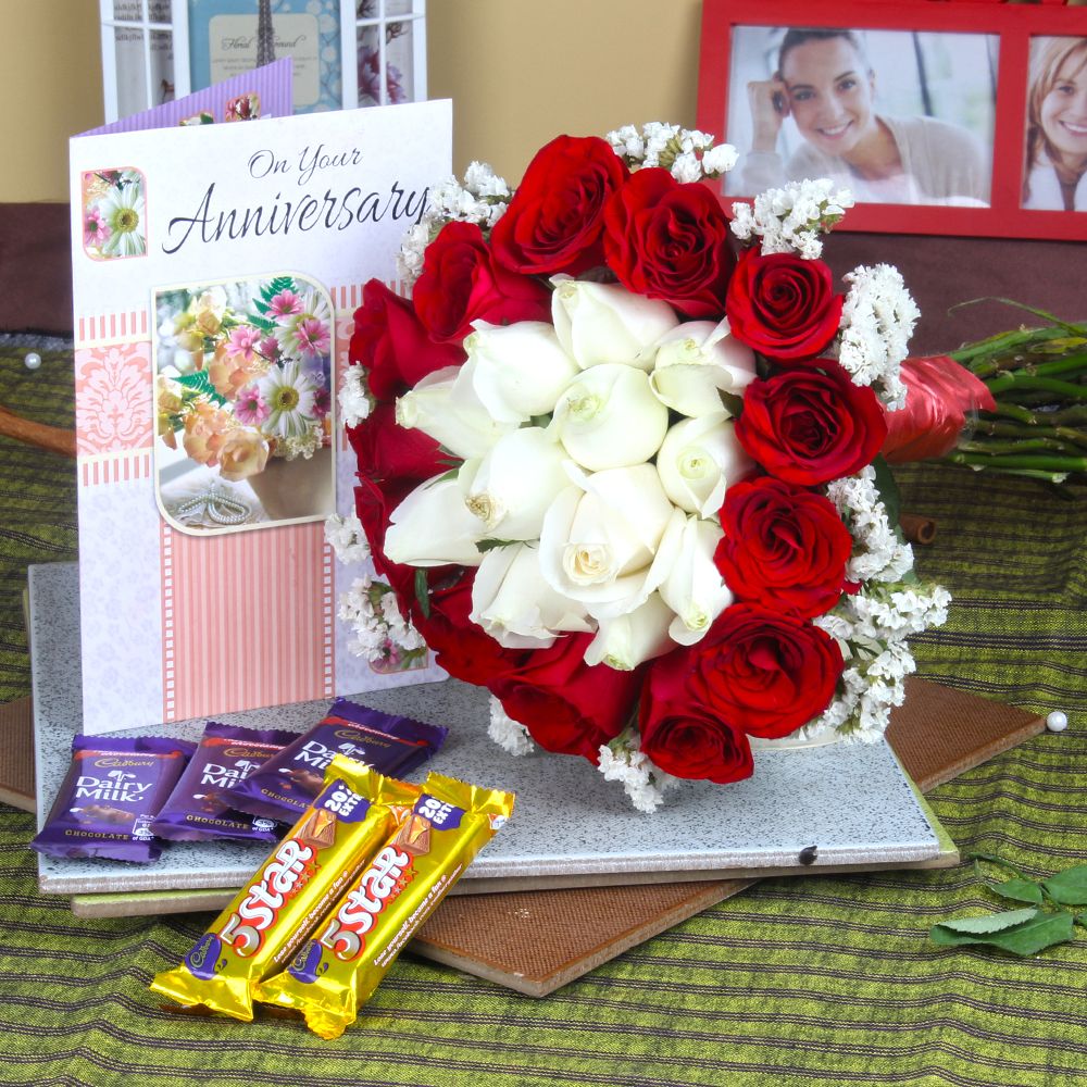 Anniversary Mix Roses Bouquet with Greeting Card and Assorted Chocolates