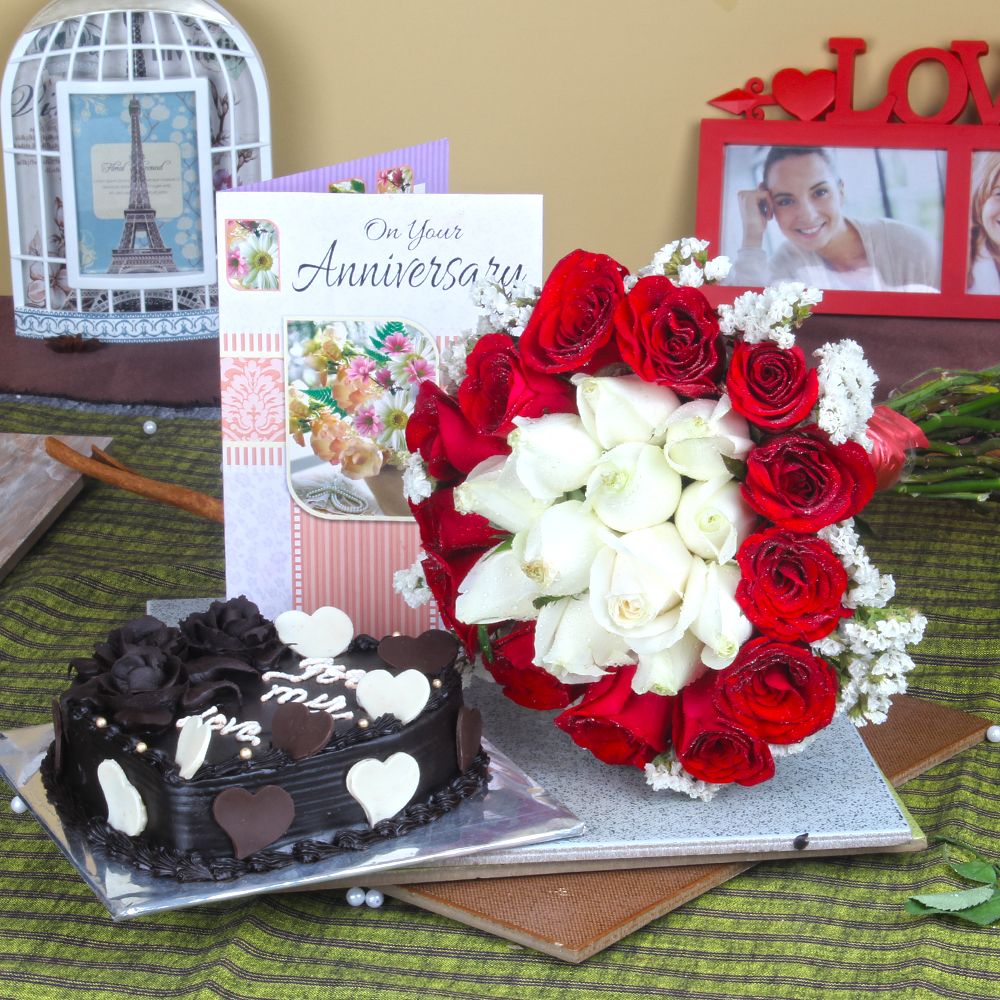Anniversary Heart Shape Chocolate Cake with Greeting Card and Mix Roses Bouquet
