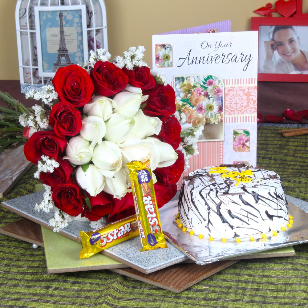 Anniversary Mix Roses Hand Tied Bouquet with Fresh Vanilla Cake and 5 Star Chocolates