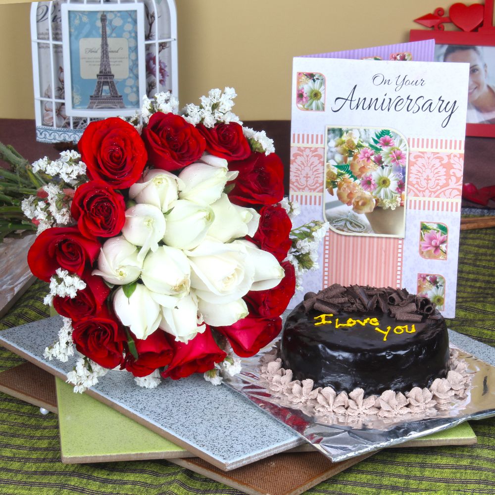 Anniversary Mix Roses Hand Tied Bouquet with Fresh Chocolate Cake and Greeting Card