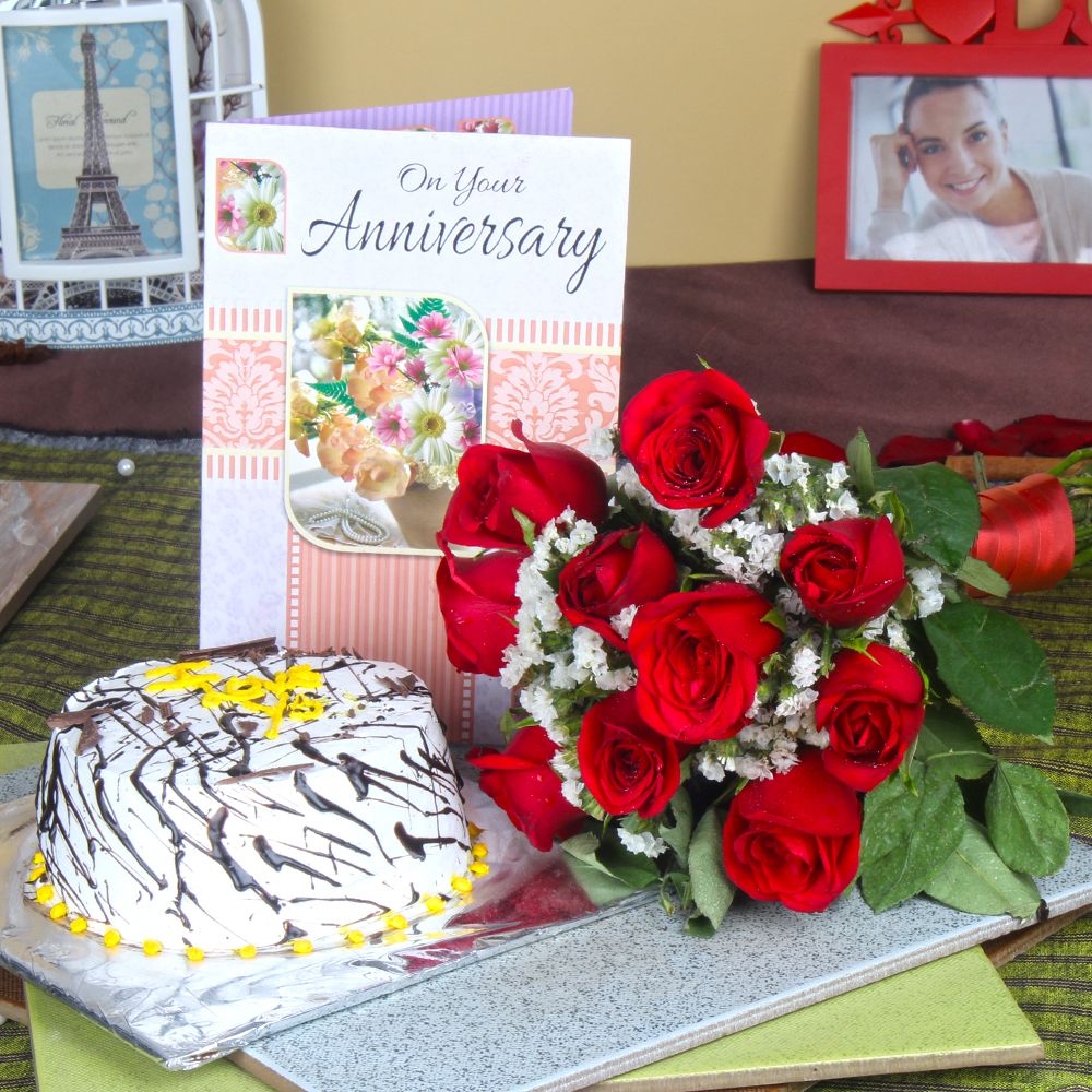 Ten Red Roses Hand Tied Bunch with Vanilla Cake and Anniversary Greeting Card