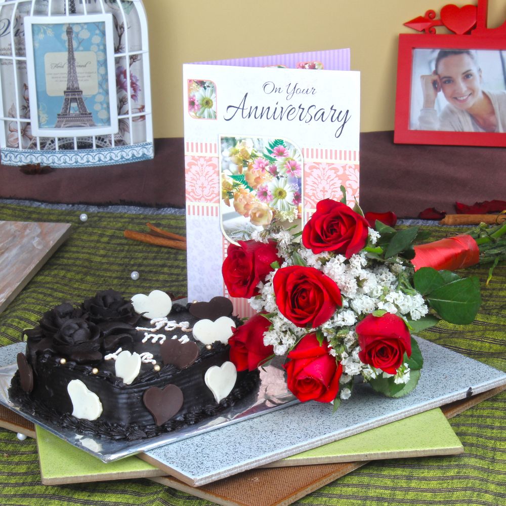Six Red Roses Hand Tied Bunch and Heart Shape Chocolate Cake with Anniversary Greeting Card