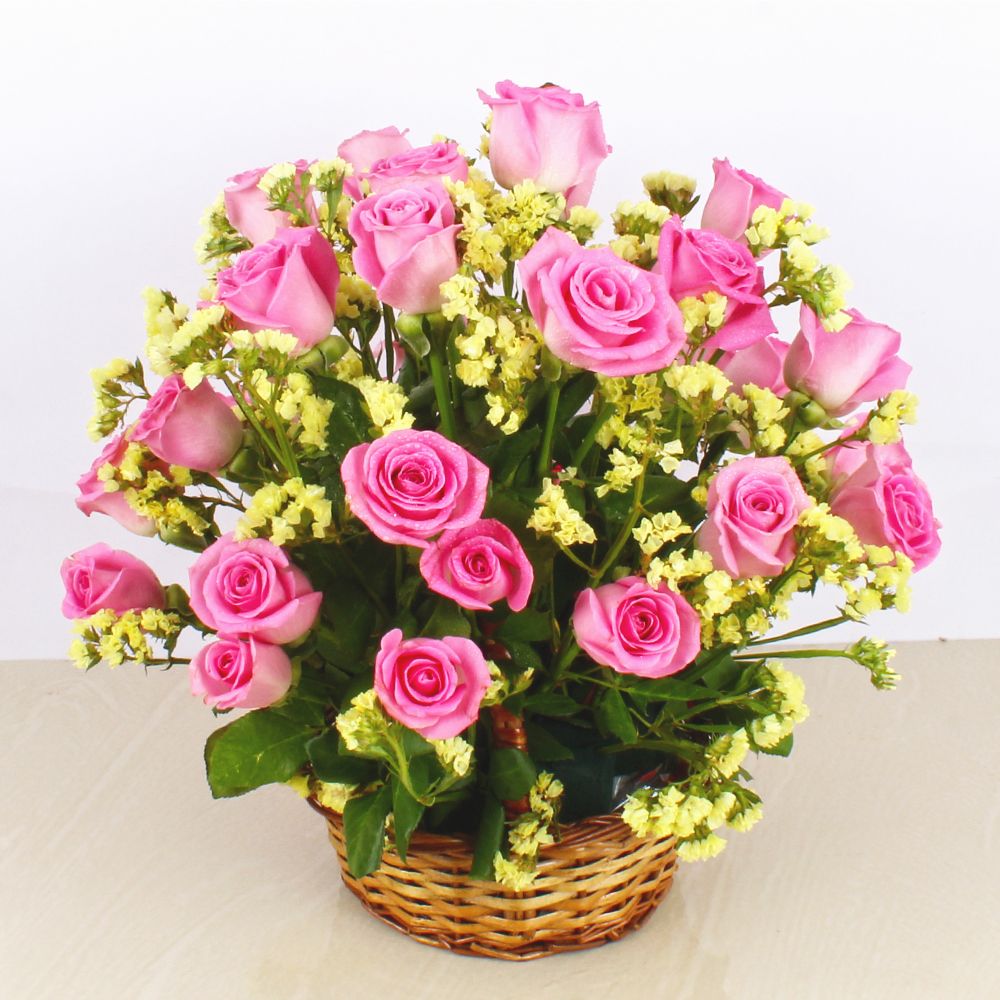 Pink Roses Basket Arrangement