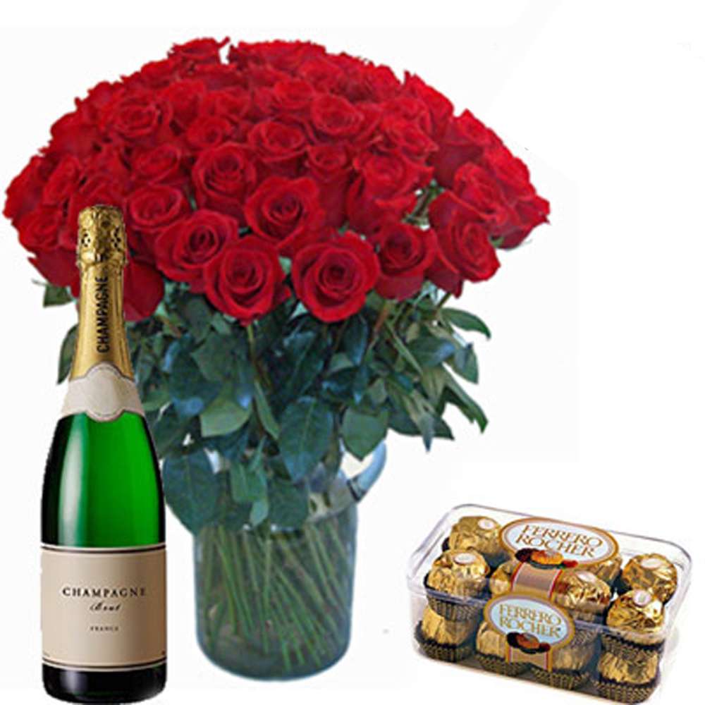 Fifty Red Roses Vase with Ferrero Rocher Chocolate and Champagne Bottle