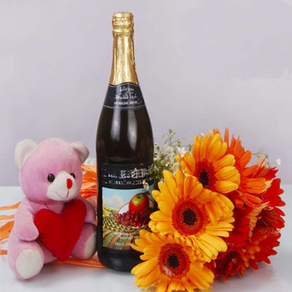Gerberas Bouquet with Wine Bottle and Teddy Bear