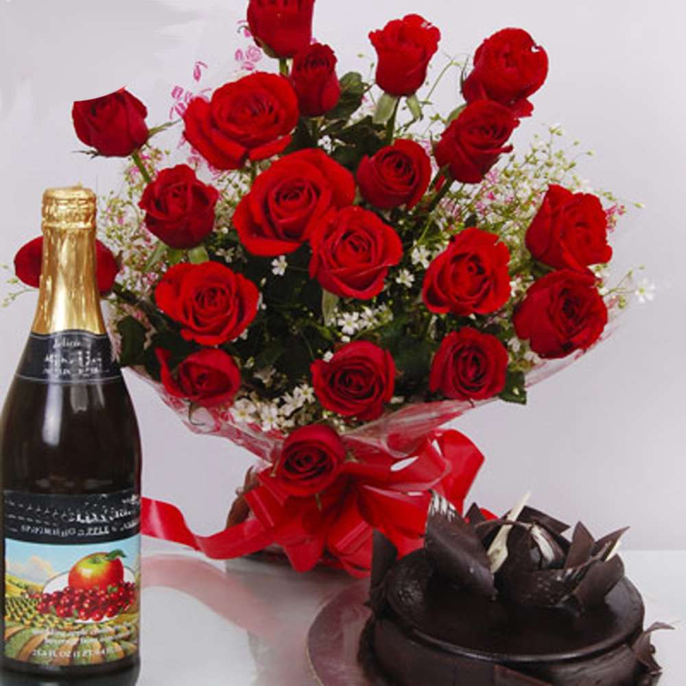 Roses Bouquet with Wine Bottle and Cake