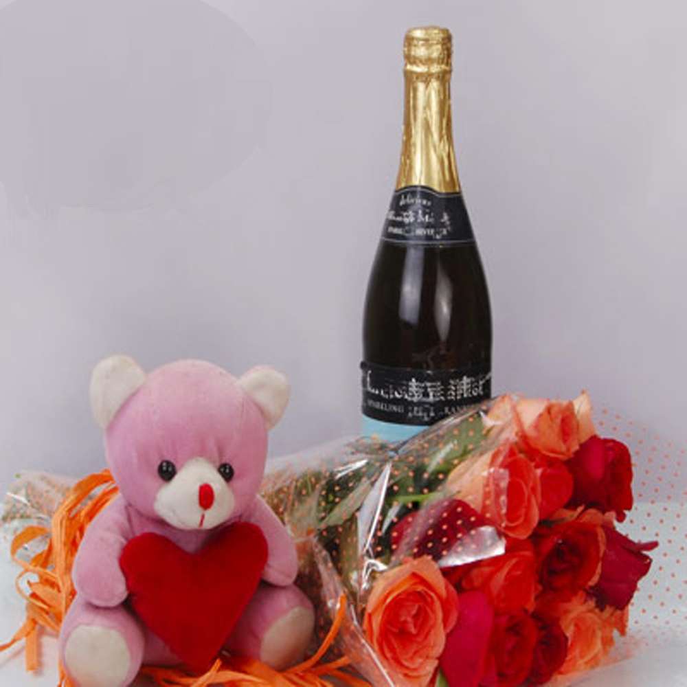 Colorful Roses Bouquet with Wine Bottle and Teddy Bear