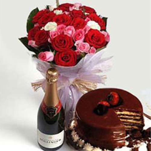 Roses Bouquet with Wine Bottle and Chocolate Cake