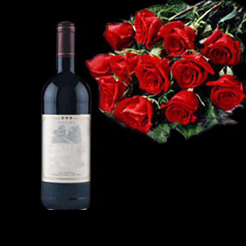 Red Roses Bouquet with Wine Bottle for Midnight Delivery