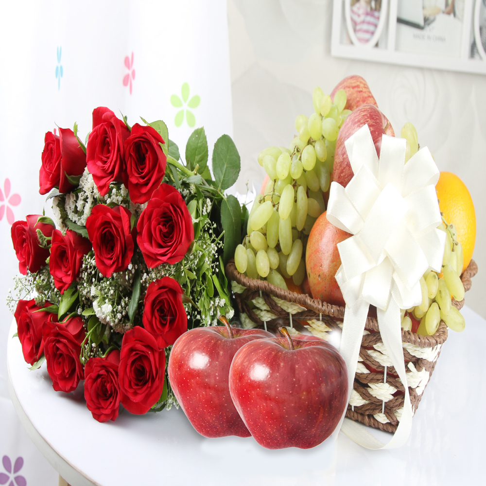 Fruit Basket with Red Roses Bouquet