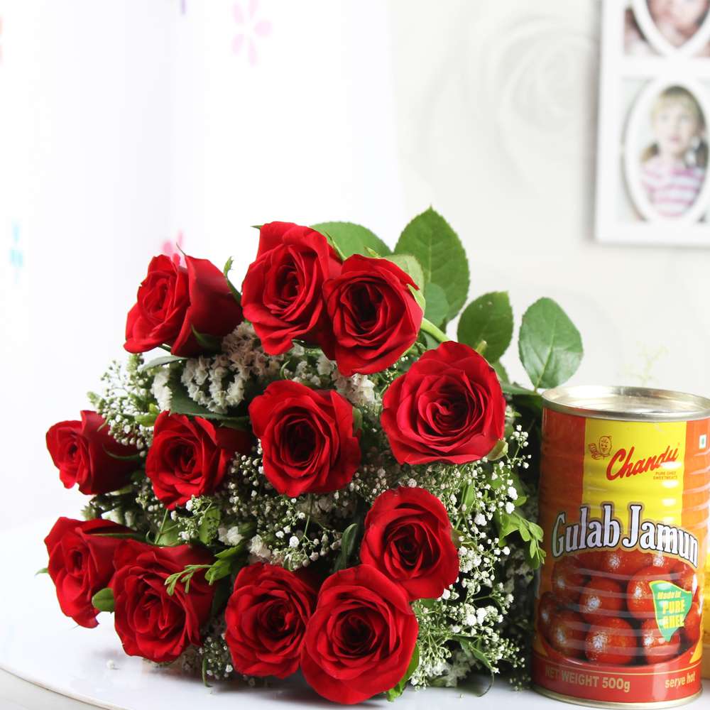 Red Roses Bouquet with Gulab Jamuns