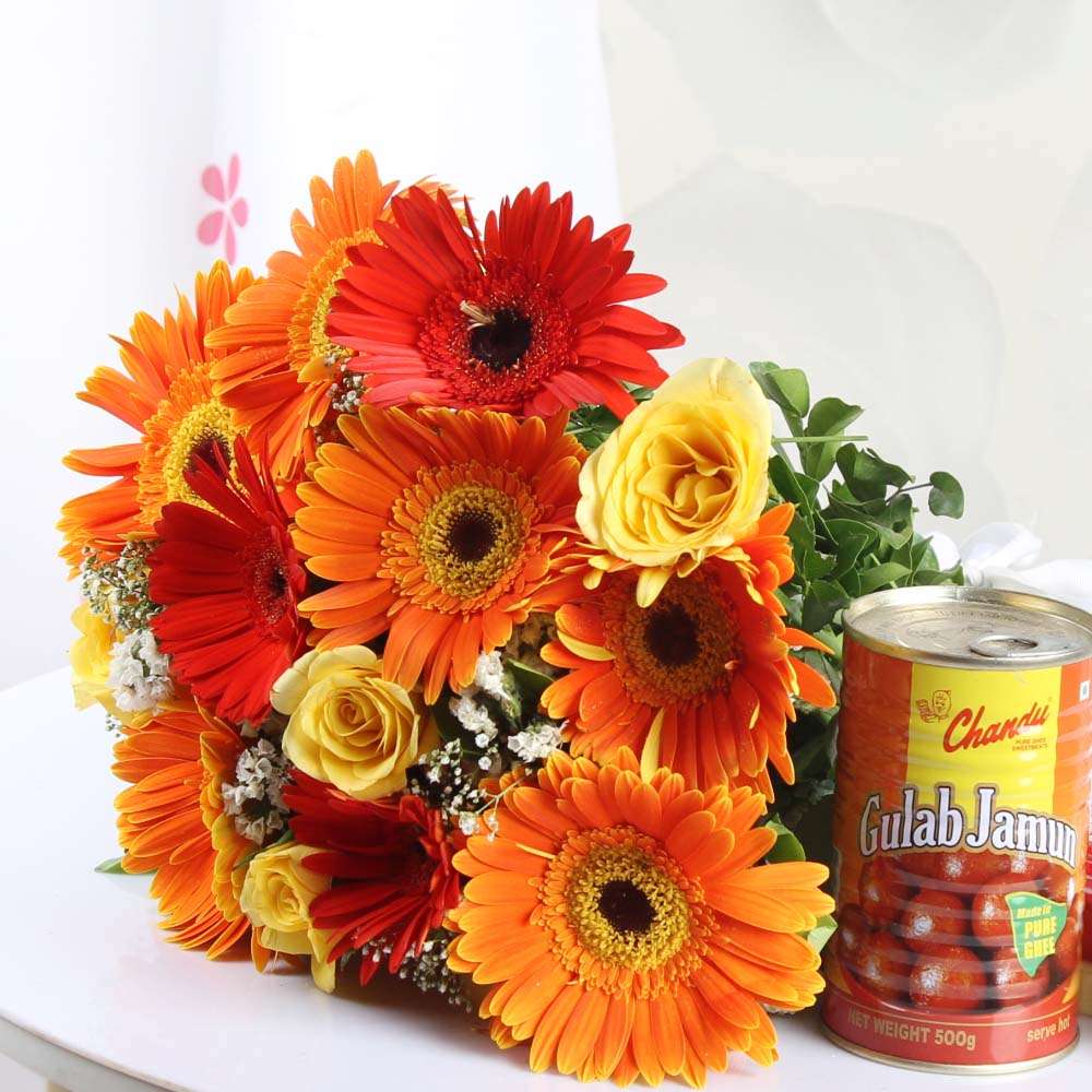 Mix Flowers Bouquet with Gulab Jamun