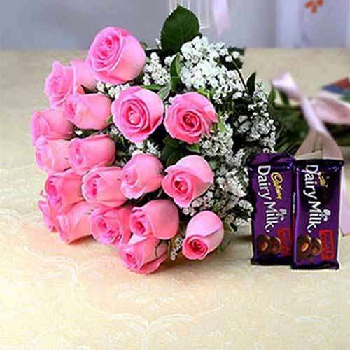 Eighteen Pink Roses Bouquet with Chocolates