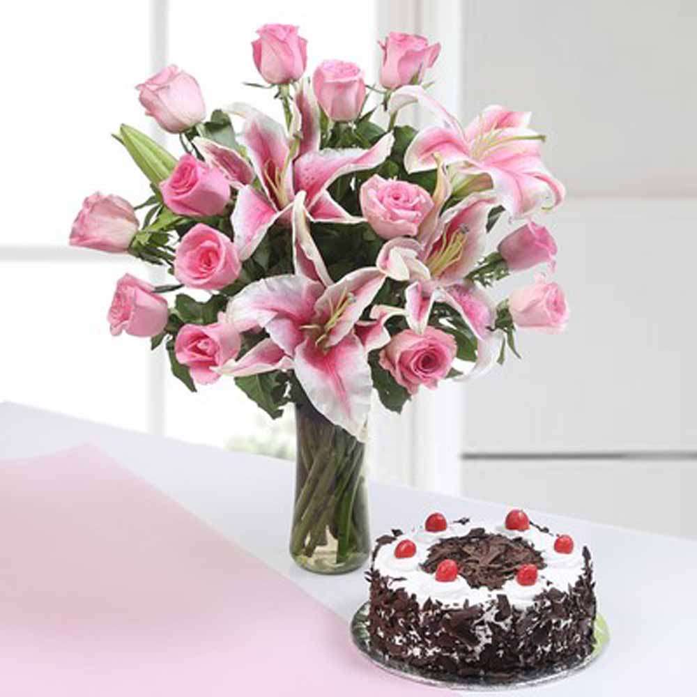 Pink Flowers with Black Forest Cake