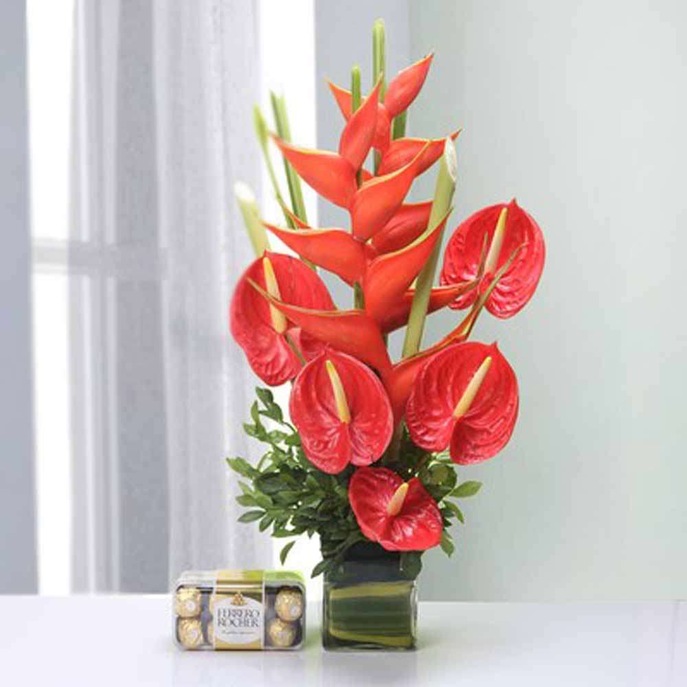 Vase of 5 Red Anthurium and 2 Big Bird with 16 Pcs Ferrero Rocher Box