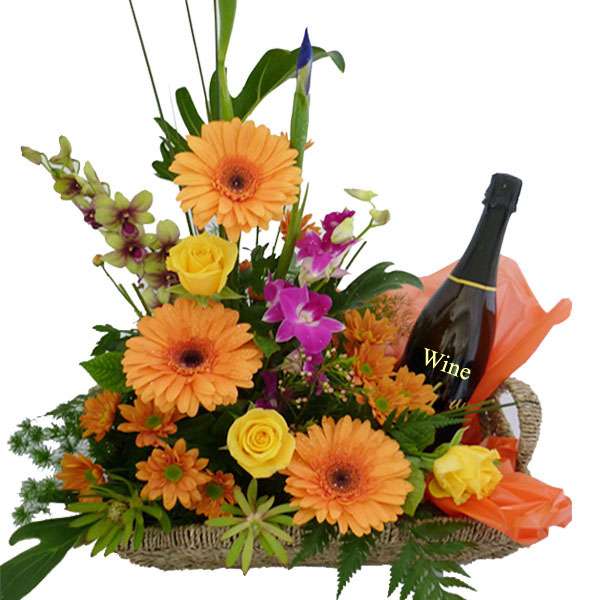 Seasonal Flowers Basket with Wine
