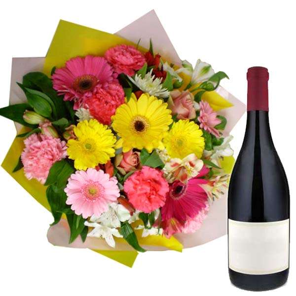 Mix Flowers Bouquet with Wine Bottle