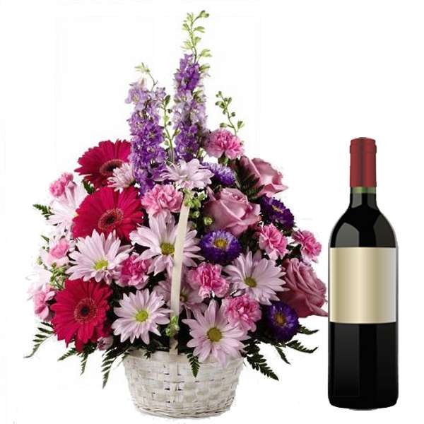 Mix Fresh Flowers Basket with Wine