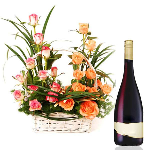 Mix Roses Basket with Wine