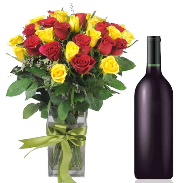 Wine Hamper with Mix Roses Vase