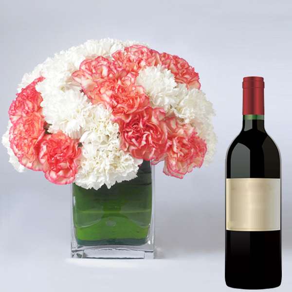 Wine Hamper with Mix Carnations Vase