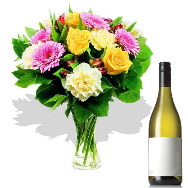 Wine Hamper with Mix Flowers Vase
