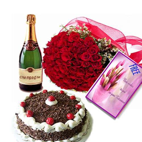 Champagne Roses Hamper with Cake and Card