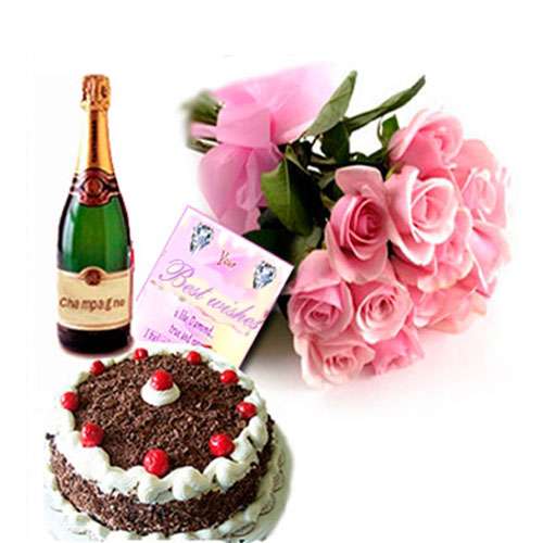 Champagne Pink Roses Hamper with Cake and Card