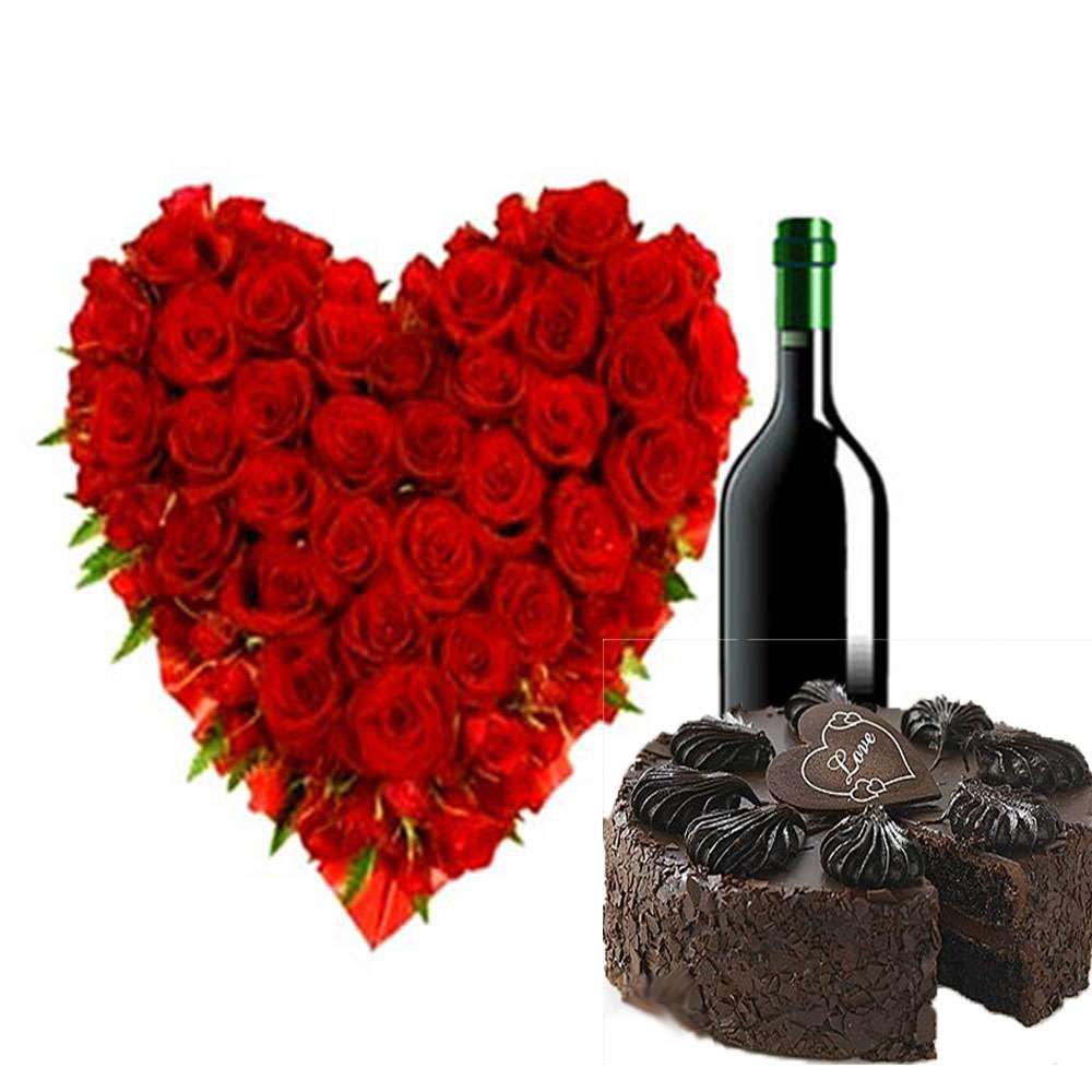 Fifty Roses Heart with Wine Hamper Cake