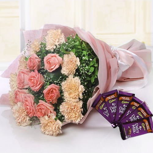 Pink Flower Bouquet with Cadbury Dairy Milk Chocolates