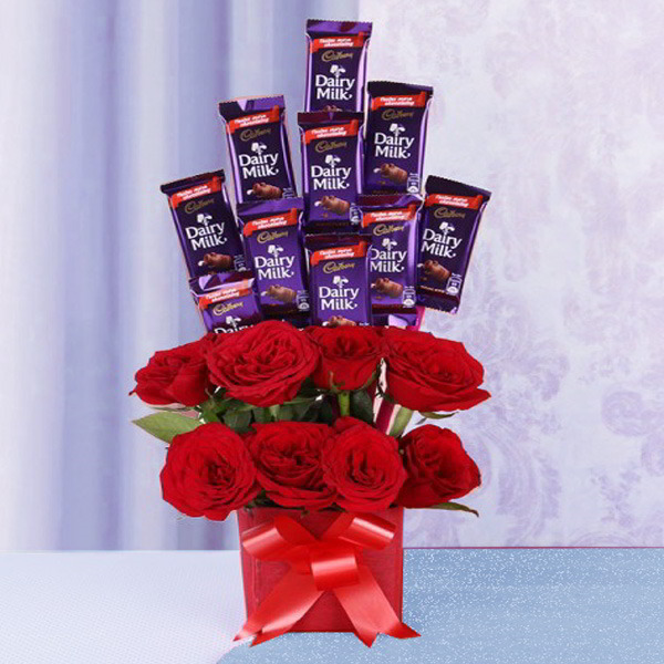 Romantic Chocolates and Roses in a Glass vase