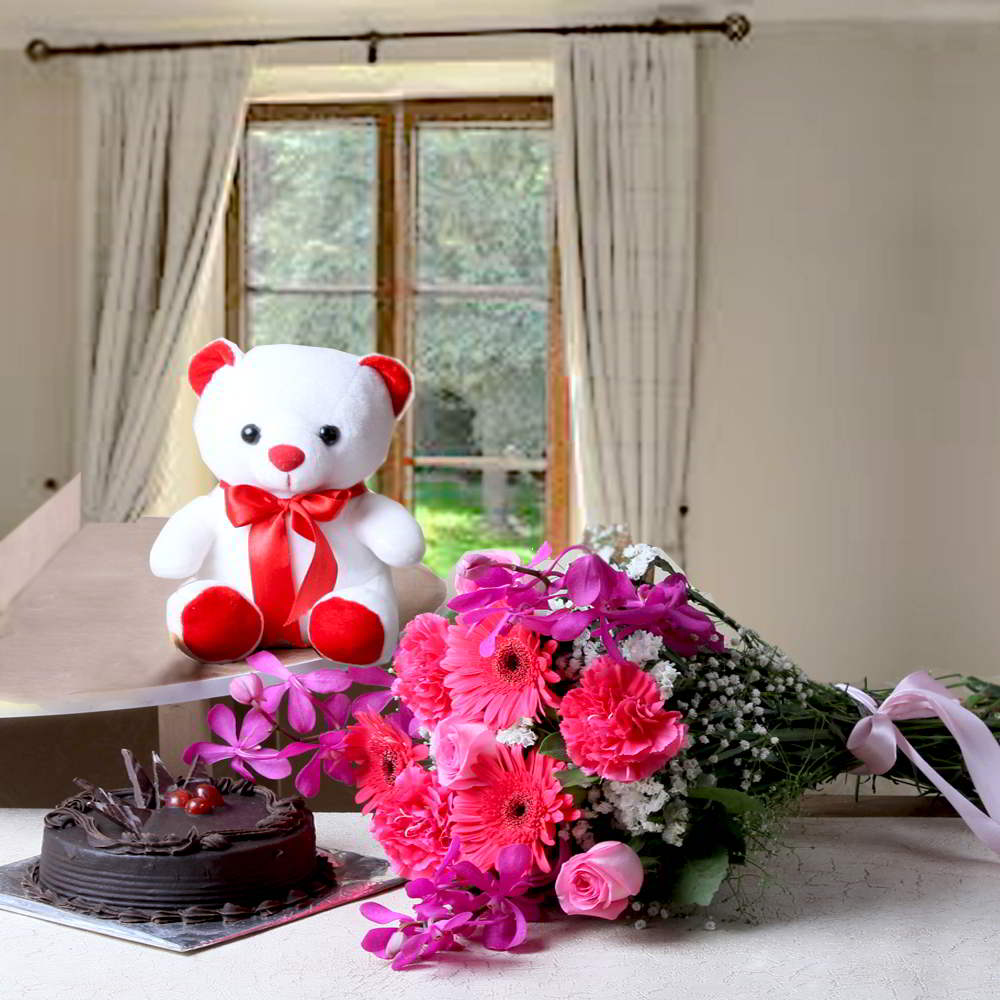 Fresh Flowers Bouquet with Cake and Teddy