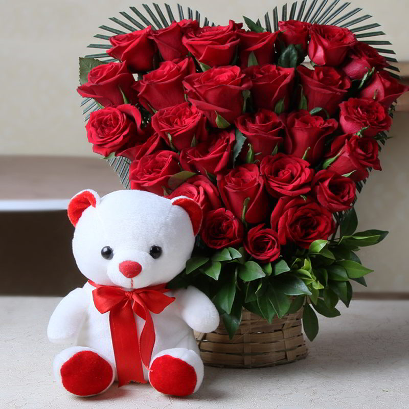 Heart Shape Arrangement of Roses with Teddy