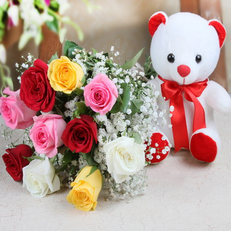 Mix Roses Bouquet with Teddy Bear
