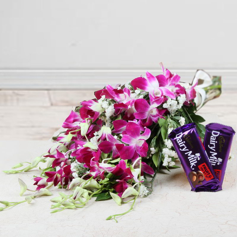 Bouquet of Orchid with Fruit N Nut Chocolate