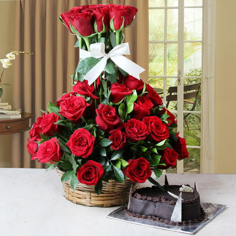Arrangement of Fifty Red Roses with Heart Shape Cake