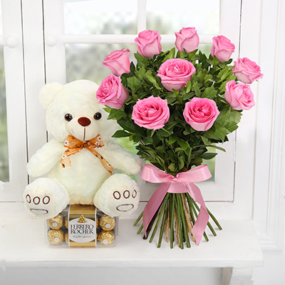 Pink Roses Bouquet with Teddy and Chocolates Online