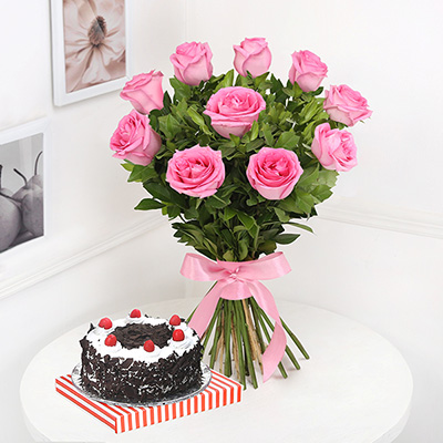 Pink Roses Bouquet with Black Forest Cake Online