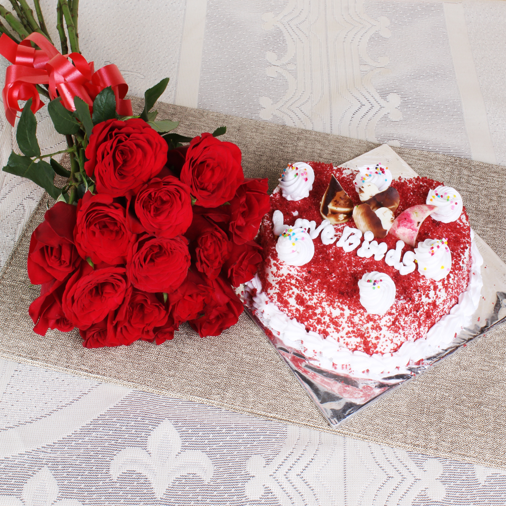 Red Roses with Heart Shape Velvet Cake