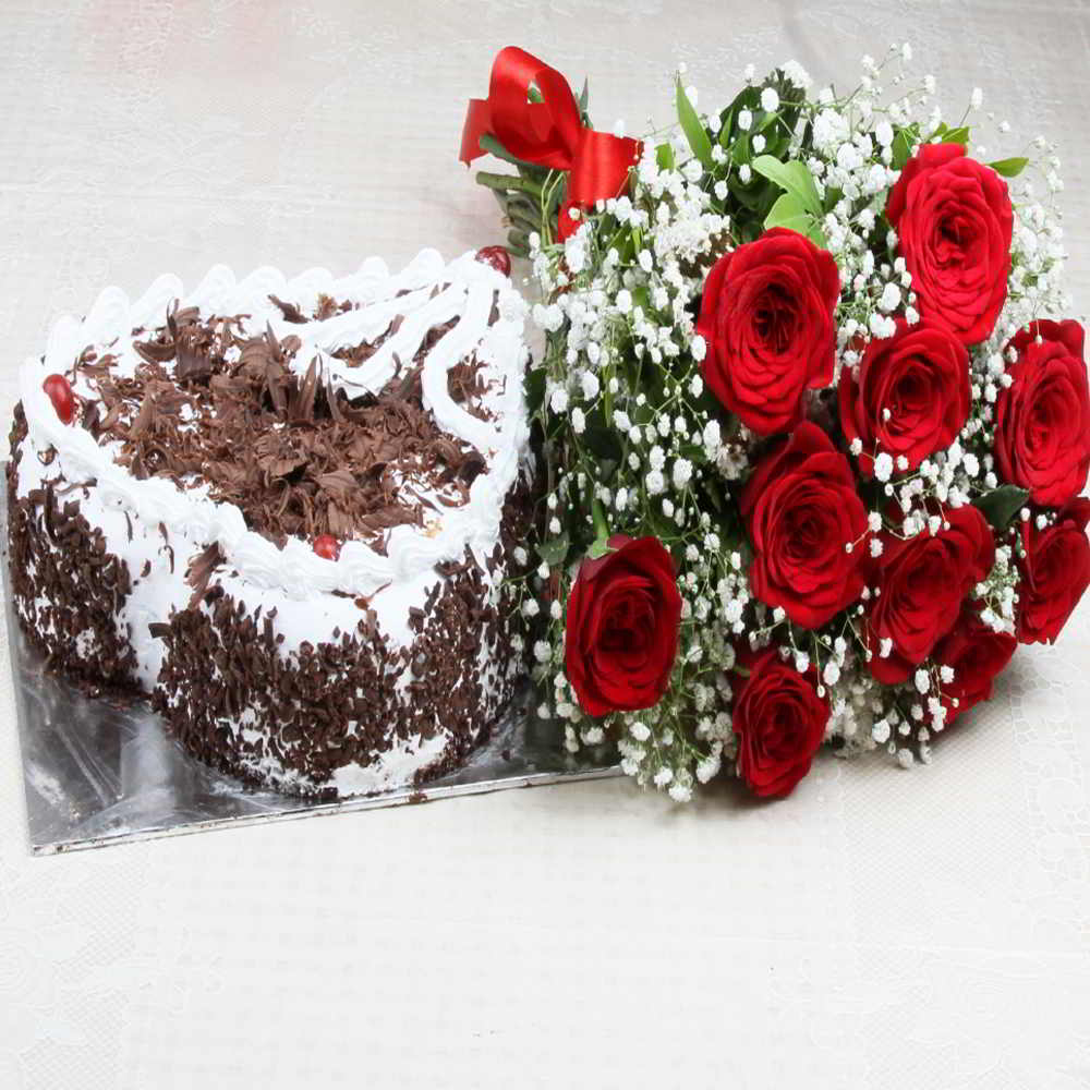 Heart Shape Black Forest Cake with Red Roses Bouquet