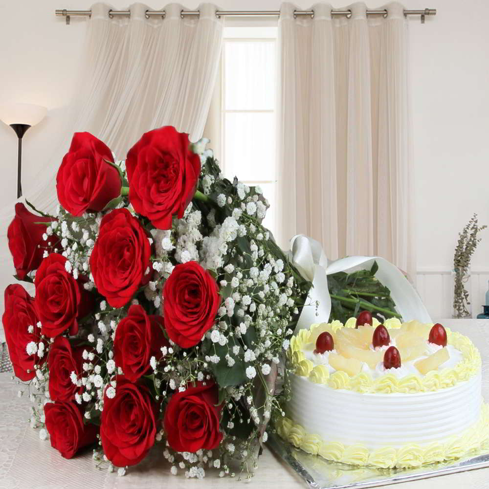 Combo of Roses Bouquet with Pineapple Cake