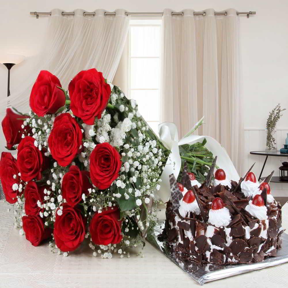 Black Forest Cake and Red Roses Bouquet