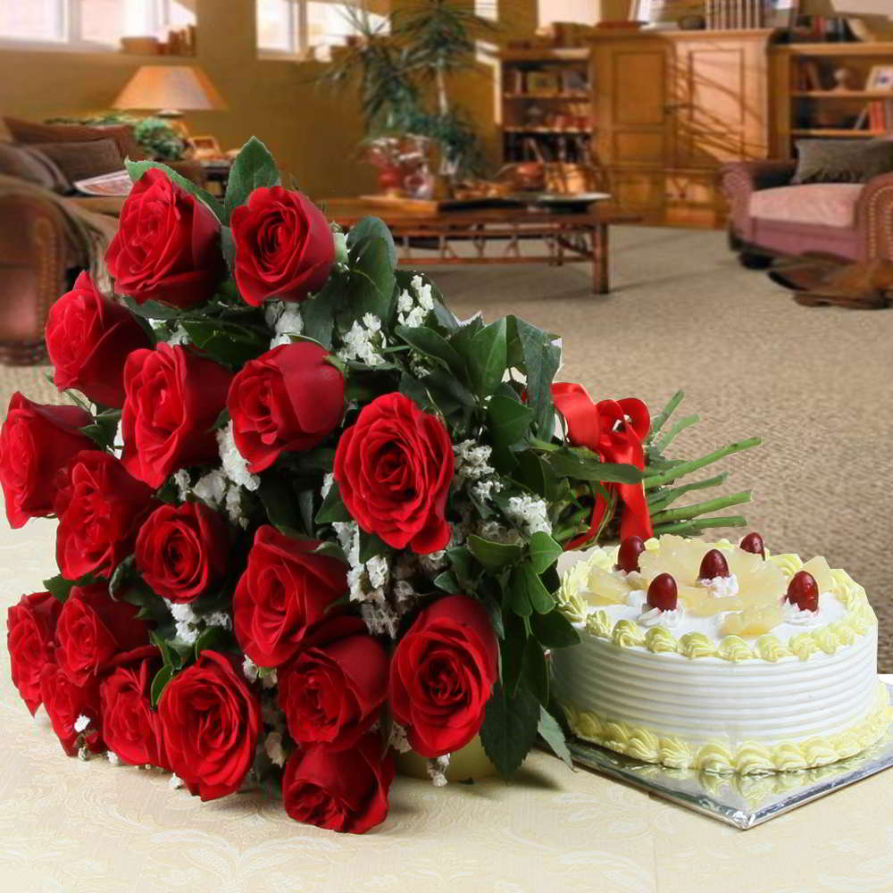 Hamper of Red Roses with Pineapple Cake